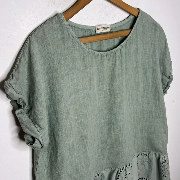 TEREZO Millennio 100% Italian Linen Mixed Media Perforated Eyelet Boho Blouse - Picture 4 of 10